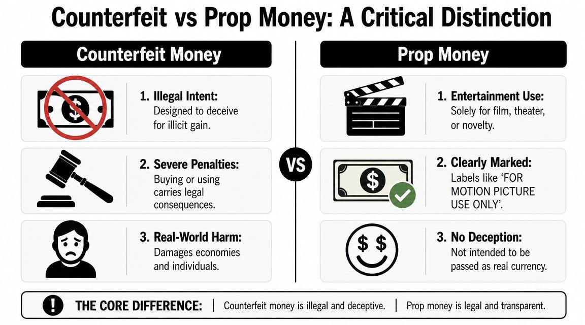 An infographic highlighting key differences between illegal counterfeit money and legal, labeled prop currency for entertainment.
