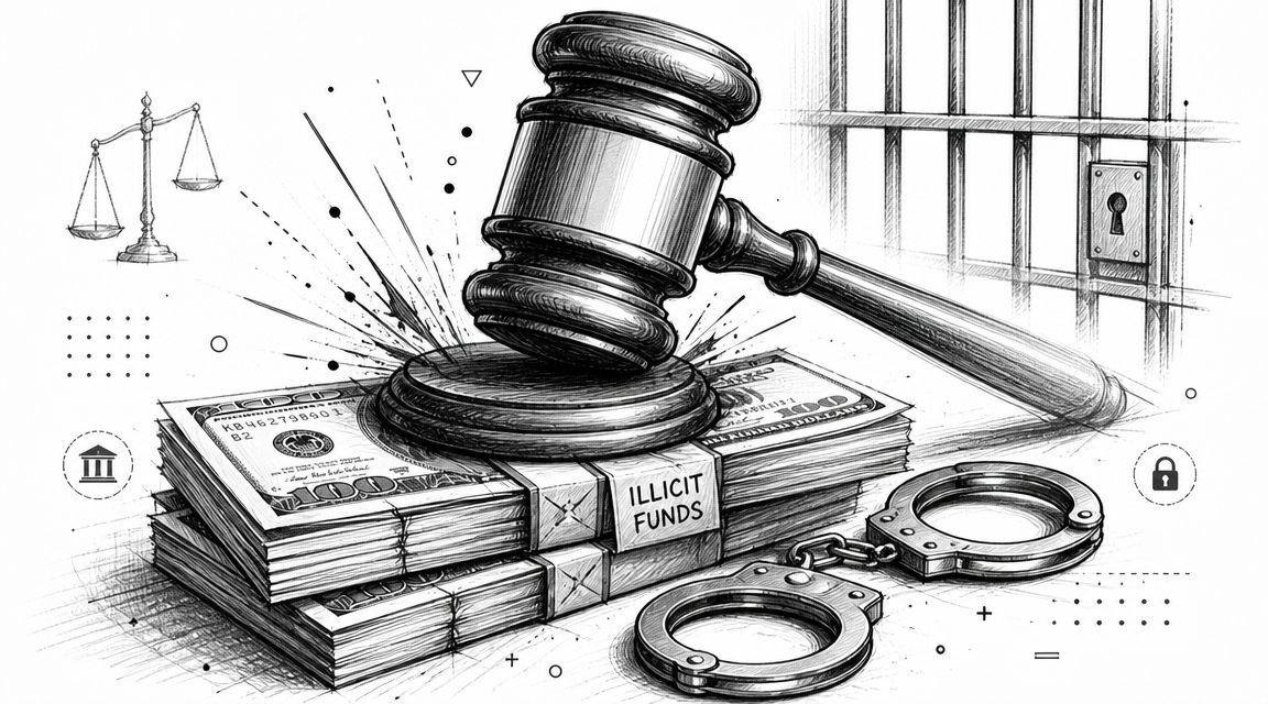 A gavel striking a stack of US hundred dollar bills labeled illicit funds with handcuffs and jail bars.