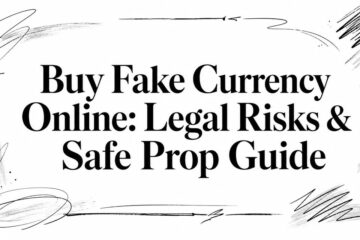 Buy Counterfeit Bills Online with Bitcoins | Banner heading: 'Buy Fake Currency Online: Legal Risks & Safe Prop Guide' framed by abstract doodles and brush strokes, black serif typography.