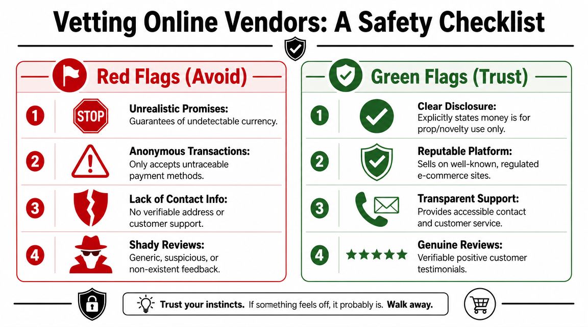 A safety checklist infographic comparing red flag warning signs and green flag trust indicators for online vendors.